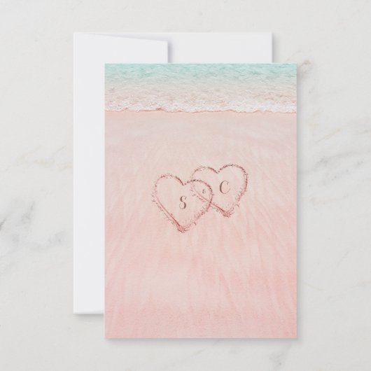 砂のハートQRコード内のピンクビーチ結婚式 出欠カード (裏面)