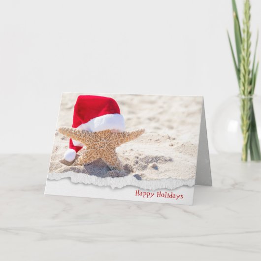 砂のヒトデのクリスマスサンタハット シーズンカード (正面)