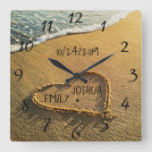 砂のビーチの海岸の熱帯オーシャンビューのハート スクエア壁時計 (正面)