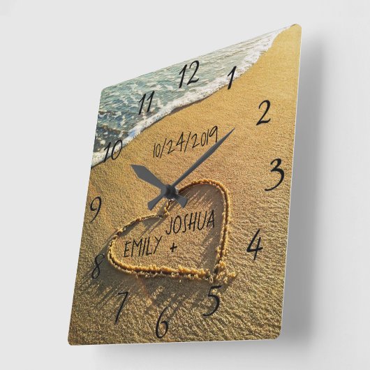 砂のビーチの海岸の熱帯オーシャンビューのハート スクエア壁時計 (傾斜)