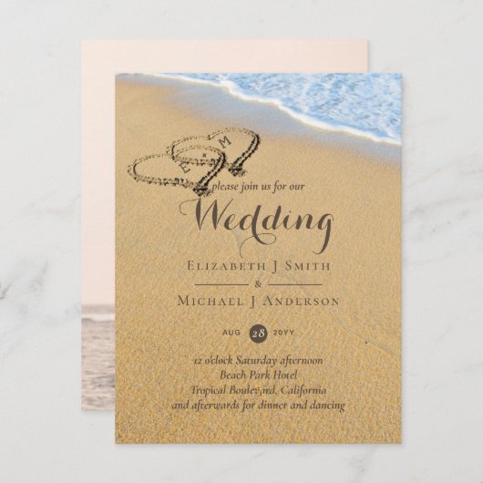 砂のビーチ名の砂のハートの海 招待状 (正面/裏面)