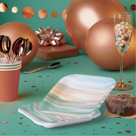 砂のビーチ海波サンセット抽象芸術水色 ペーパープレート (複数)