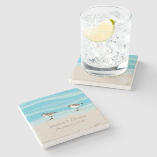 砂のビーチ結婚式の日付の名前のシギ ストーンコースター (横)