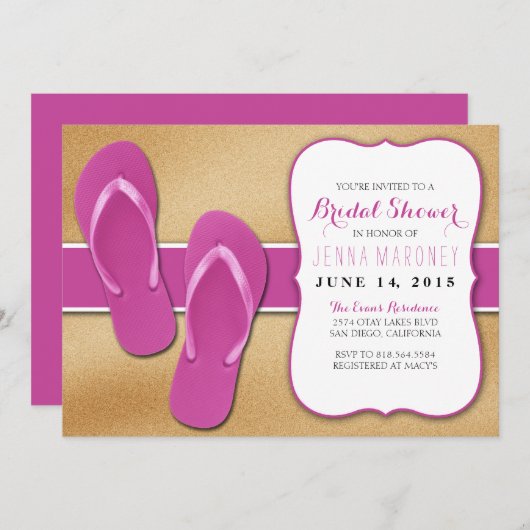 砂のブライダルシャワーの招待のピンクのビーチサンダル 招待状 (正面/裏面)