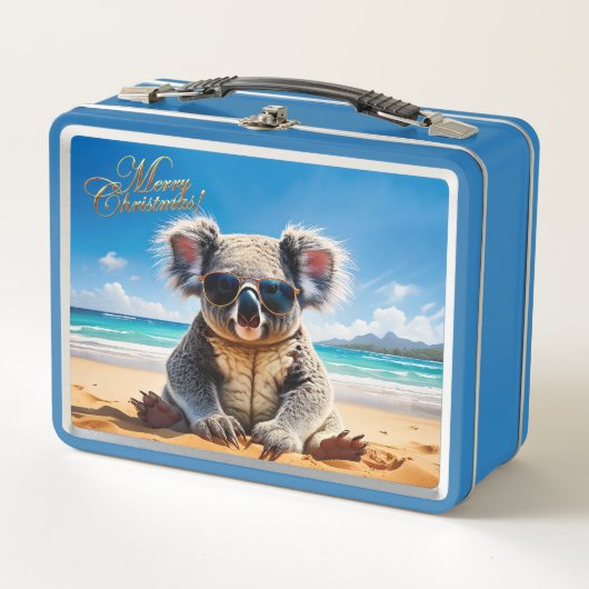 砂の上にコアラビーチメリークリスマス メタルランチボックス (正面)