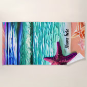 砂の上に名前、海波、紫色の星魚を追加 ビーチタオル (正面)