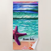 砂の上に名前、海波、紫色の星魚を追加 ビーチタオル (正面)