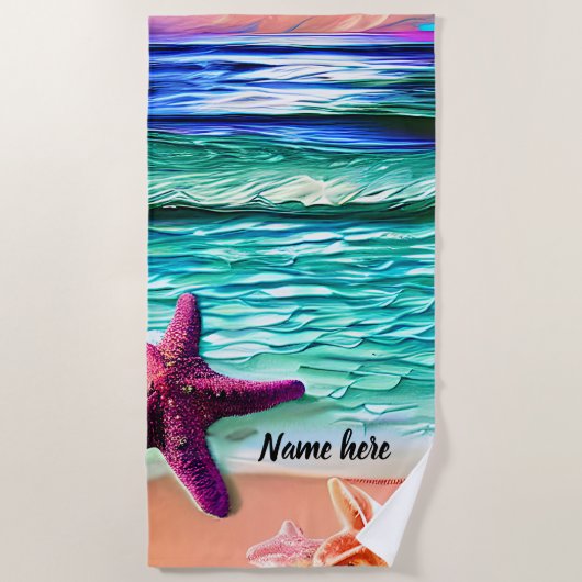 砂の上に名前、海波、紫色の星魚を追加 ビーチタオル (正面)