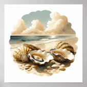 砂の上に牡蠣の貝殻をビーチ ポスター (正面)