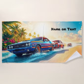 砂の上の名前、赤と青のマッスルカー ビーチタオル (正面)