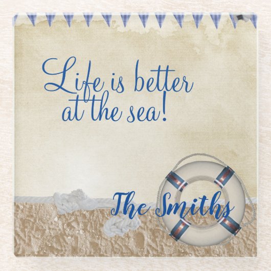 砂の上の救命具 ガラスコースター (正面)