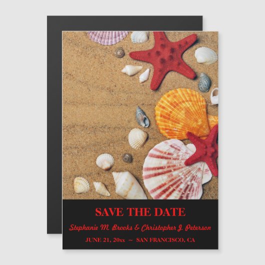 砂の上の貝殻でSave the Date マグネット招待状 (正面/裏面)