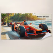 砂の上の赤いレーシングカーの名前 ビーチタオル (正面)