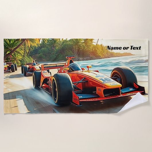 砂の上の赤いレーシングカーの名前 ビーチタオル (正面)