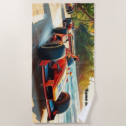 砂の上の赤いレーシングカーの名前 ビーチタオル (正面)