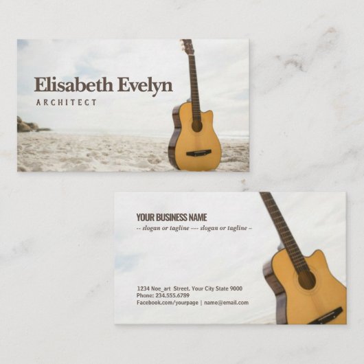 砂の中に立つアコースティックギター 名刺 (正面/裏面)