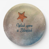 砂の中のオレンジヒトデとサーフィンのカスタマイズ ペーパープレート (正面)