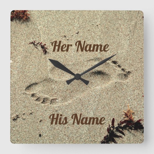 砂の中のキスとカップルの名前の壁 スクエア壁時計 (正面)
