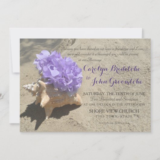 砂の中のシーシェルと紫紫紫紫紫紫紫陽花 招待状 (正面)