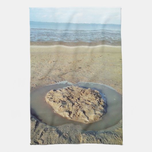 砂の中の水の円ビーチ、夏の時間 キッチンタオル (縦)
