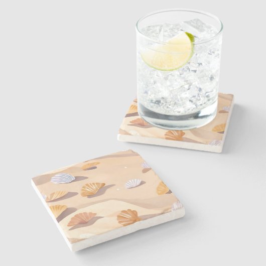砂の中の貝殻 | ビーチ オーシャン 水彩画 ストーンコースター (横)