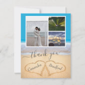 砂の中の青い熱帯ビーチ結婚ハート サンキューカード (正面)