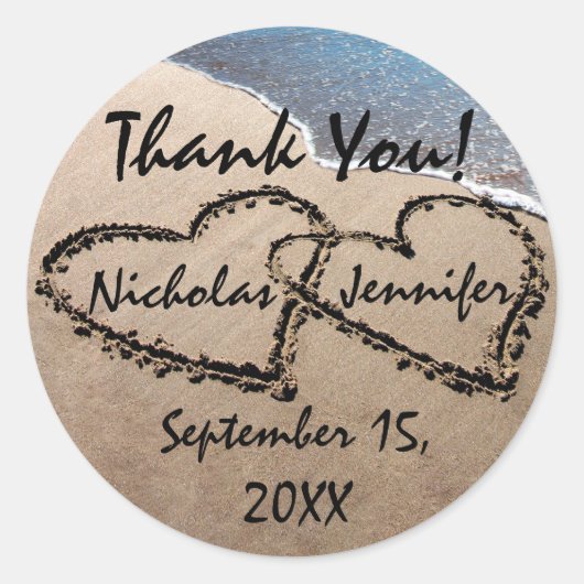 砂の中の2つのハートありがとうシール ラウンドシール (正面)