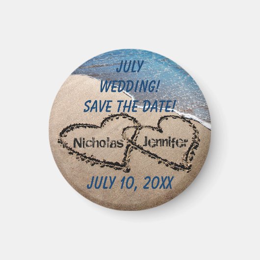 砂の中の2つのハートは、日付マグネットを保存 マグネット (正面)