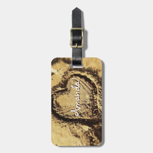 砂の写真のハートの手書き名前をカスタムするスクリプト ラゲッジタグ (正面縦)