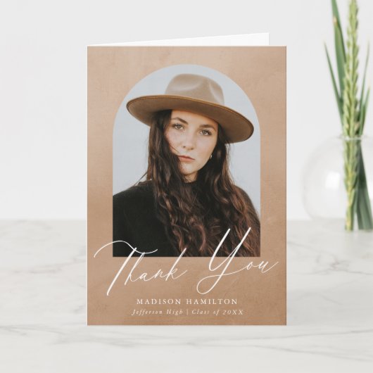 砂の水色のアーチ写真卒業 サンキューカード (正面)