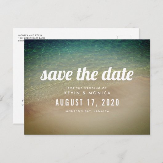 砂の海浜でのウェディング・セーブ・ザ・デート 案内ポストカード (正面/裏面)