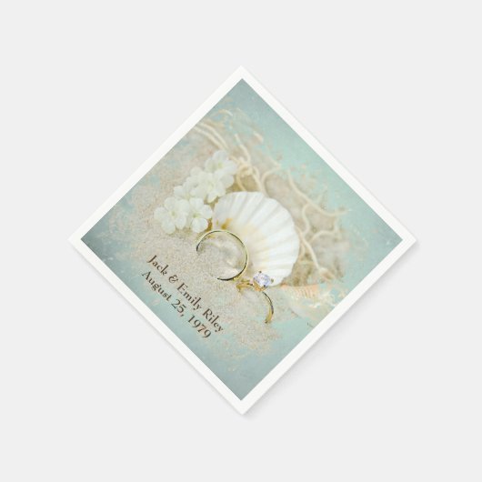 砂の結婚貝殻と指輪 スタンダードカクテルナプキン (角)