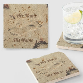 砂の足跡と彼と彼女の名前は自然 ストーンコースター