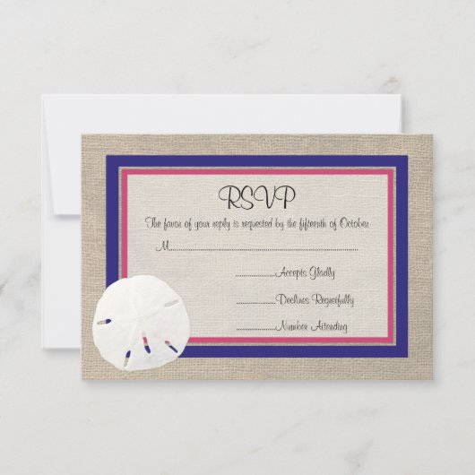 砂ドルのビーチ結婚式RSVPカード-メロン海軍 出欠カード (正面)
