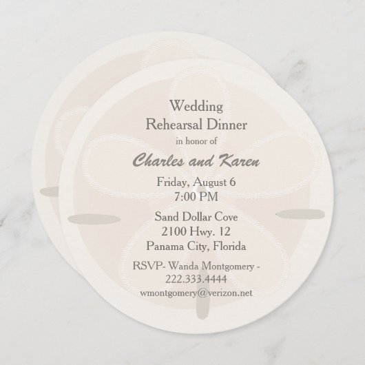 砂ドルの結婚式のリハーサルの夕食 招待状 (正面/裏面)