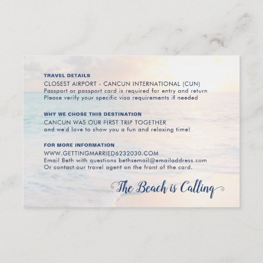 砂ビーチ結婚式詳細宿泊旅行 エンクロージャーカード (裏面)