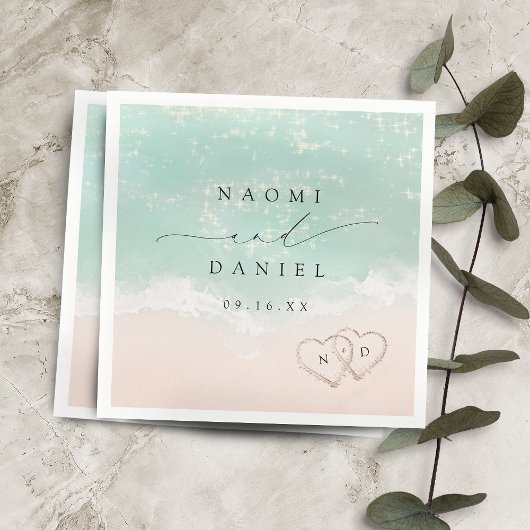 砂モダンハートのスクリプトビーチ結婚式 スタンダードカクテルナプキン