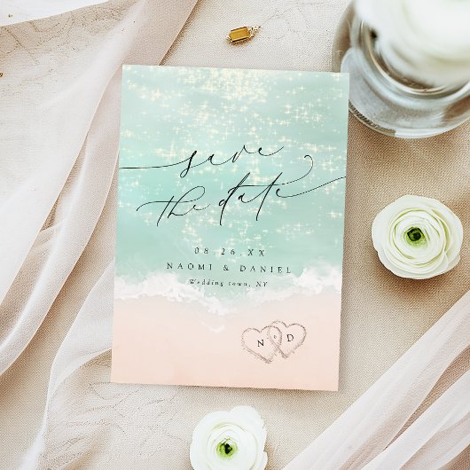 砂モダンハートのスクリプトビーチ結婚式 セーブザデート