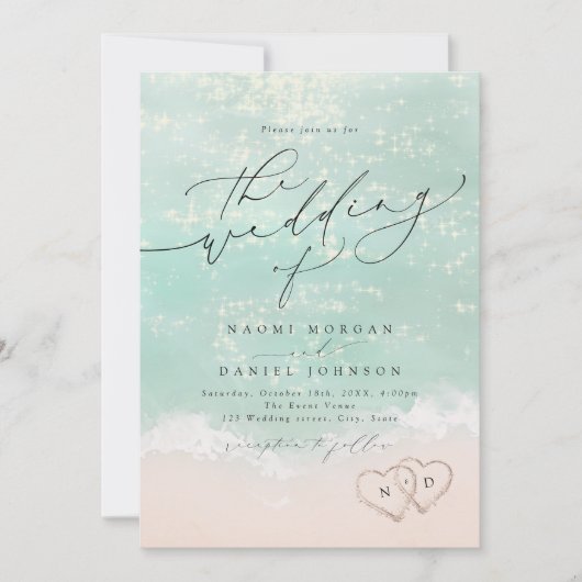 砂モダンハートのスクリプトビーチ結婚式 招待状 (正面)