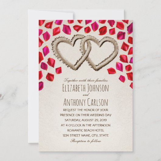 砂ユニークハートバラ花びらビーチをテーマ結婚にした 招待状 (正面)