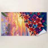 砂地に熱帯花の名前を追加 ビーチタオル (正面)