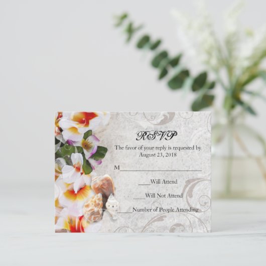 砂浜でのウェディング・ビーチ・レスポンス・プルメリア・オーキッド・レイ 出欠カード (スタンド正面)