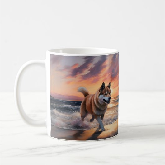 砂浜で夕日を見る秋田犬サンディポーズ コーヒーマグカップ (左)