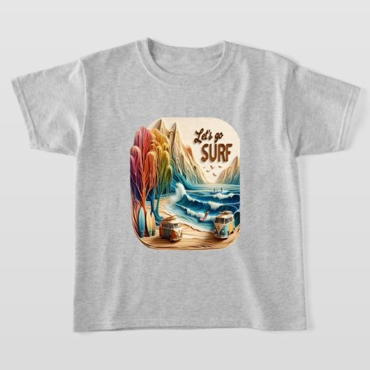 砂浜にサーフボードを積んだバン Tシャツ (レイダウン)