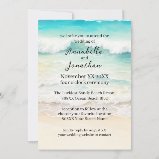 砂浜に広がるビーチスケープのビーチ結婚式 招待状 (正面)