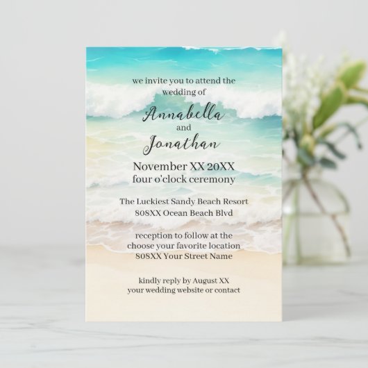 砂浜に広がるビーチスケープのビーチ結婚式 招待状 (スタンド正面)