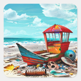 砂浜に捨てられた古いボートビーチ スクエアシール