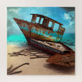 砂浜に捨てられた古い錆びたボートビーチ ジグソーパズル (縦)