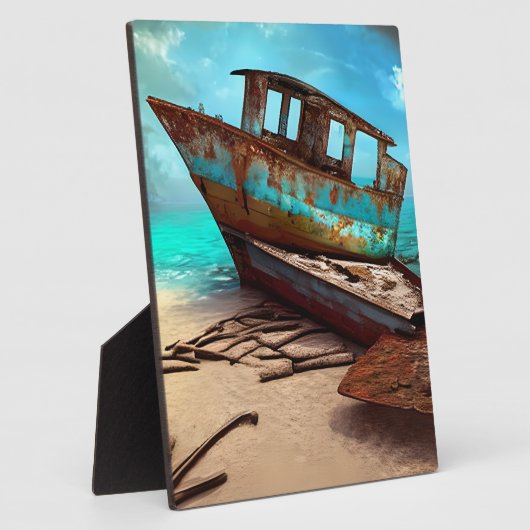 砂浜に捨てられた古い錆びたボートビーチ フォトプラーク (側面)