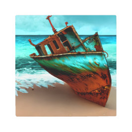 砂浜に捨てられた船ビーチ メタルプリント